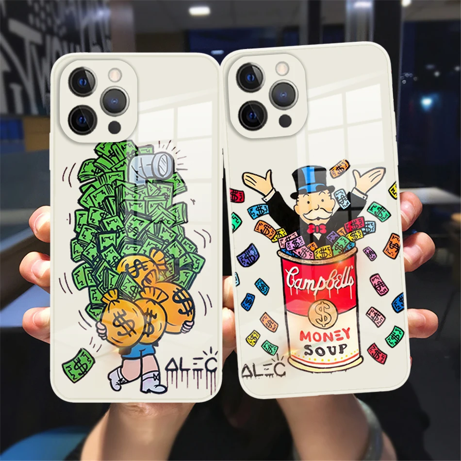 

Catoon Dollar Alec Monopoly Tempered Glass Phone Case For iPhone 11 12 13 14 Pro Max X XR XSMAX 8 7 Plus White Soft Bumper Cover