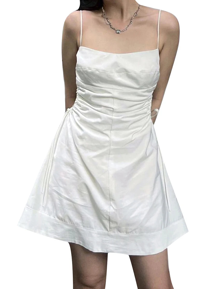

Женское платье-трапеция без рукавов, однотонное Короткое мини-платье на тонких бретельках с боковым шнурком, пляжная одежда