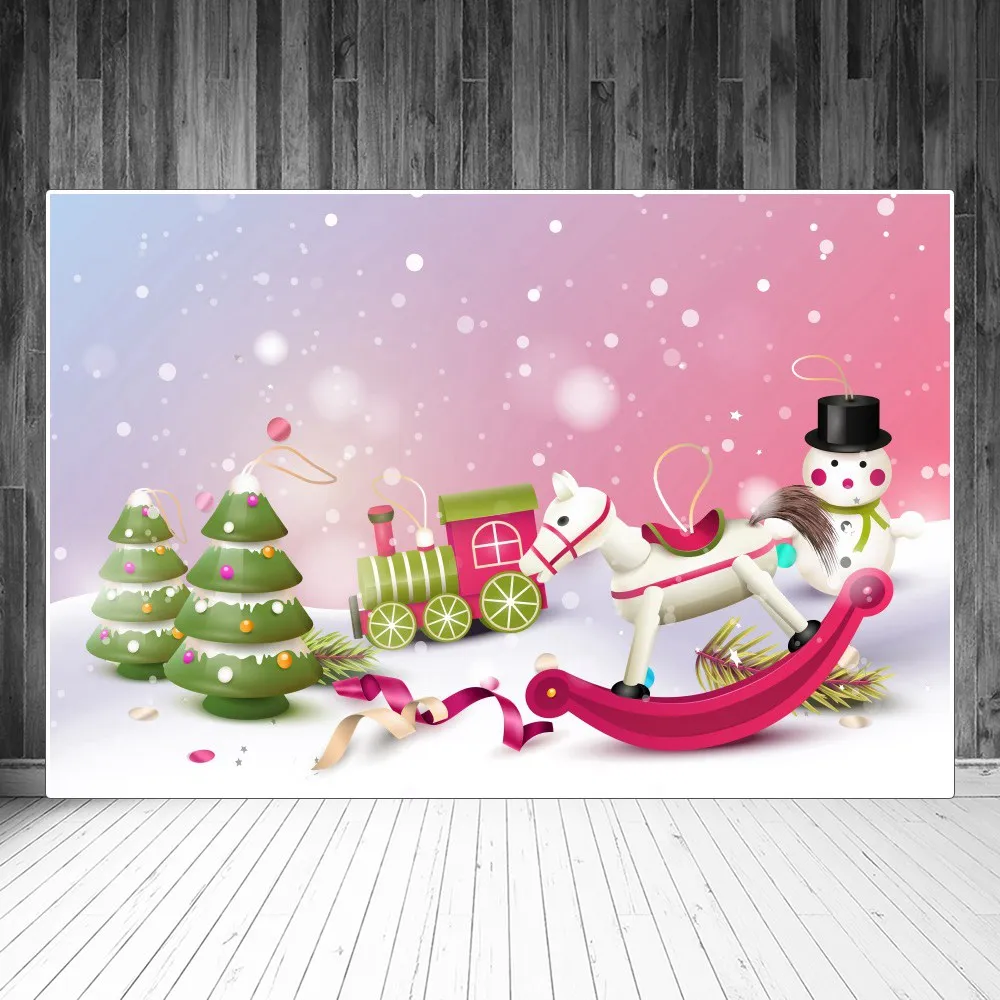 

Christmas Tree Train Rocking Horse Snowman Snowflake Photography Backdrops Custom Baby Party Decoration Photographic Backgrounds