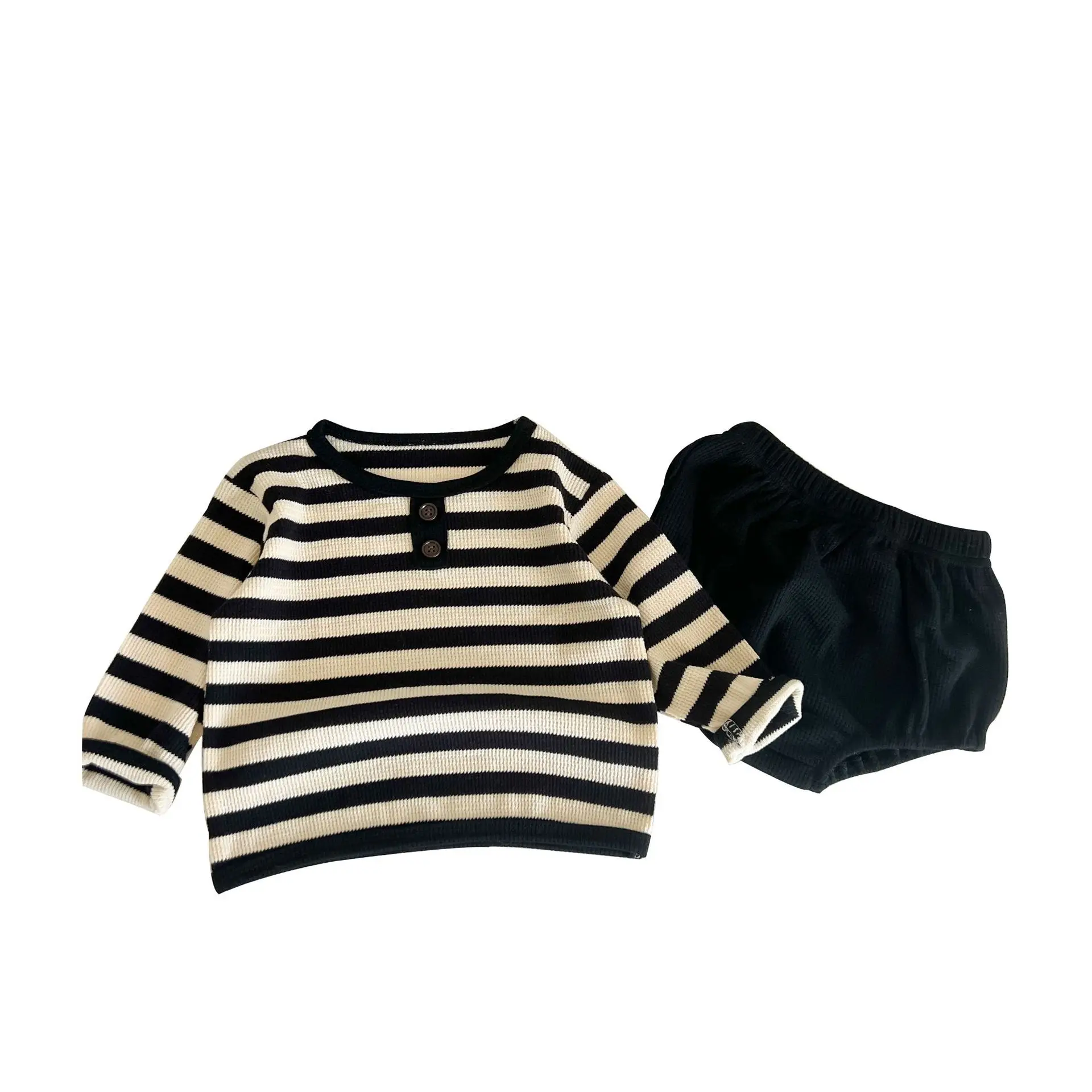 2022 Autumn New Baby Long Sleeve Clothes Set Infant Waffle Striped Tops + Shorts 2pcs Suit Baby Girl Outfits Cute Pp Pants Set