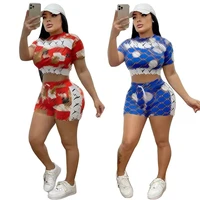 newest design digital print tracksuits for women short sleeve o neck crop top and casual shorts brand home 2 piece sets q6018