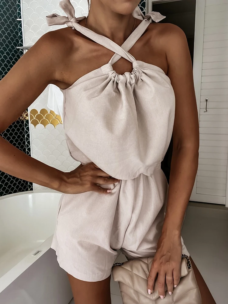 

Elegant Bow Lace-Up Sling Playsuit Women Sexy Sleeveless Off Shoulder Solid Straight Romper Summer Fashion Loose Shorts Jumpsuit