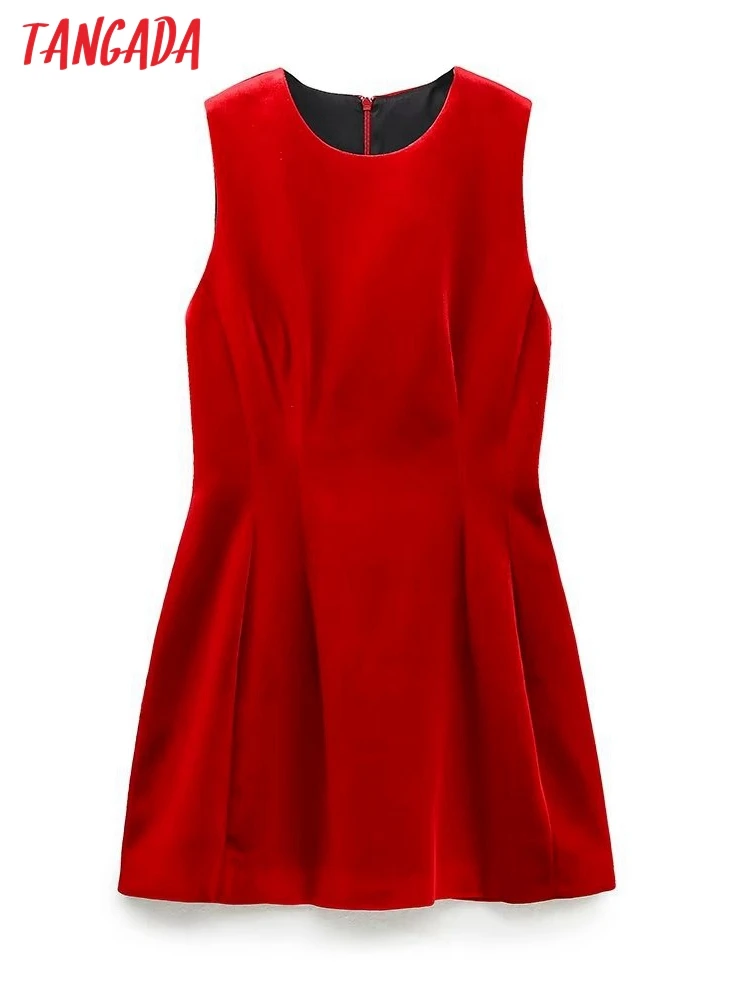 

Tangada Women Fashion Red Velvet New Year Dress Vintage O Neck Zipper Female Dresses 6P90