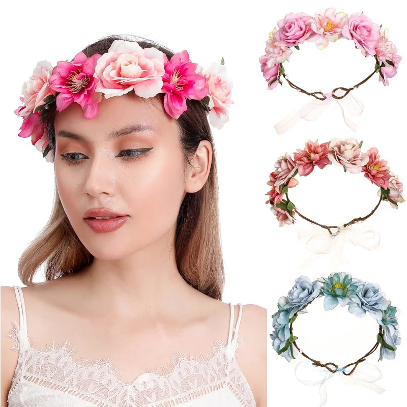 

New Fashion Women Bride Flowers Headband Mexican Style Rose Flower Crown Hairband Ladies Elastic Beach Hair Accessorie Headband
