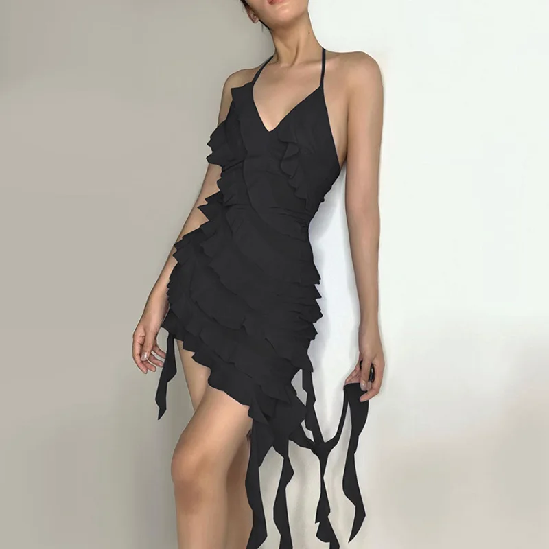 

Sexy Ruffles Backless Mini Dresses 2023 Women Elegant Fashion Mesh Tassel Slim Party Dress Purple Sleeveless Evening Club Dress