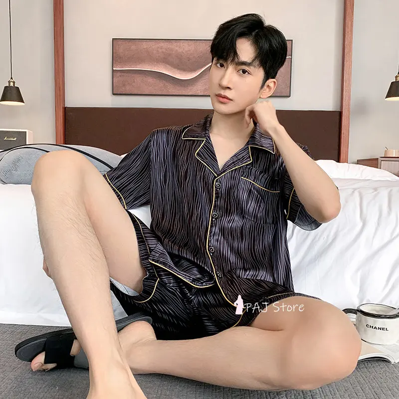 Men Pajama Sets Silk Satin Pijama Turn-down Collar Sleepwear Short Sleeve Spring Nightwear 2 Pieces Sets Homewear L-5XL