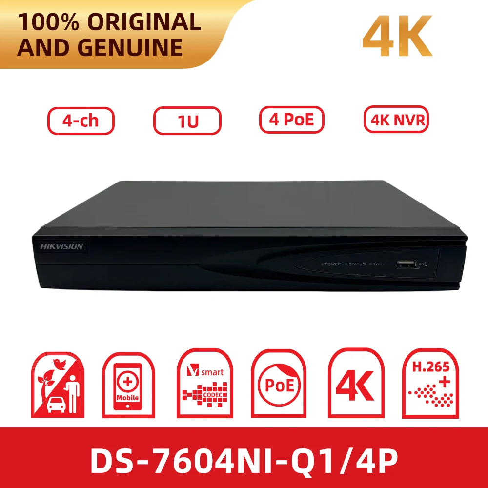 Фото Сетевой видеорегистратор Hikvision DS7604NI-Q1/4P 4K с 4-канальным PoE для систем видеонаблюдения и домашней безопасности №1