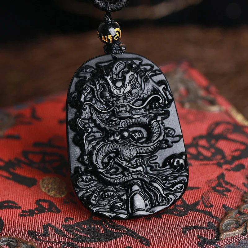 

Natural Carved Obsidian Zodiac Dragon Pendant for Men and Women, Long Teng Si Hai Long Hang World Joker Pendant