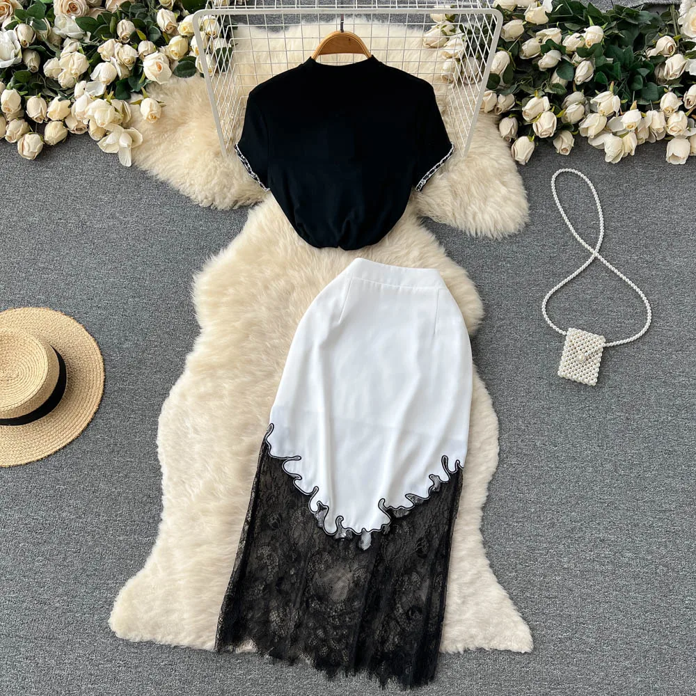 

Женский винтажный костюм Clothland, черная футболка с коротким рукавом и кружевная юбка миди, комплект из двух предметов, летние комплекты TZ451