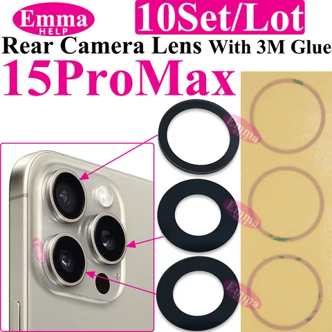 Emmahelp 10 шт. A+ Стекло задней камеры для iPhone 11 12 13 14 15 Pro Max 13Mini XR XS 14Plus Крышка задней камеры Объектив 3M Наклейка