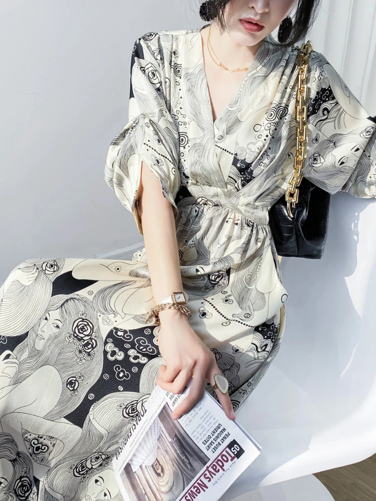 

Vintage Cardtoon Print Chiffon Dress Casual Loose V-Neck Midi Dresses for Women Bohemian Streetwear Summer 2022 Vestidos Mujer