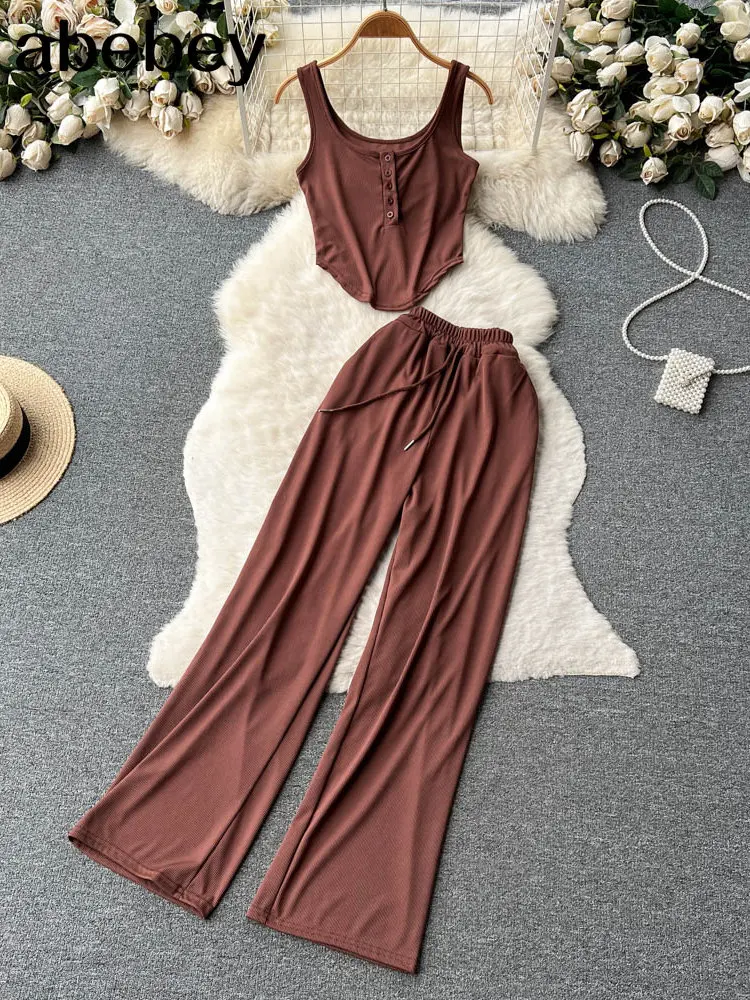

Strap Sexy Casual Suits Women Hollow Out Camisole+Wide Legs Long Pants Sets American Retro Beach Two Pieces Tracksuits