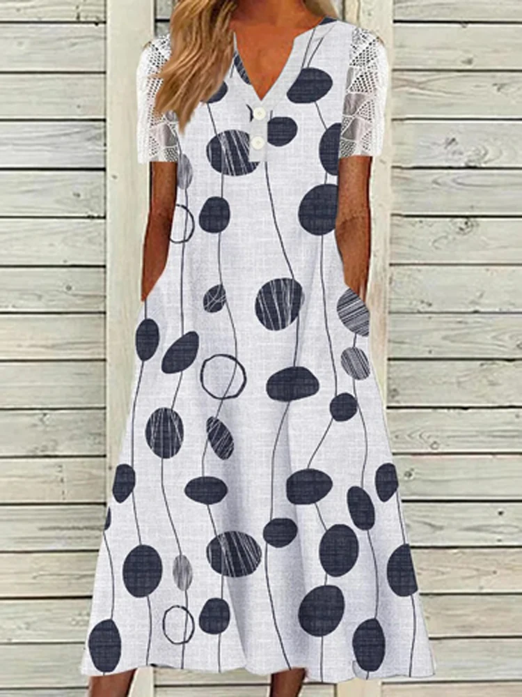 

Женское длинное платье в горошек, офисное платье-трапеция с V-образным вырезом, пуговицами и карманами, с коротким рукавом, весна-лето