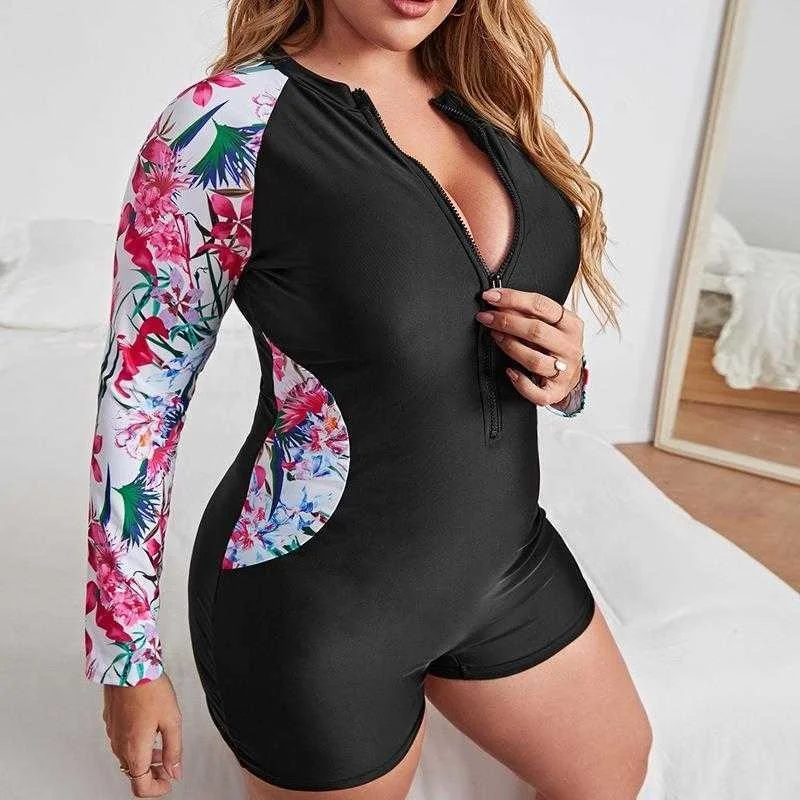 

Plus Size One Piece Swimsuit Boxers Long Sleeve Printed Zipper Diving Suit
