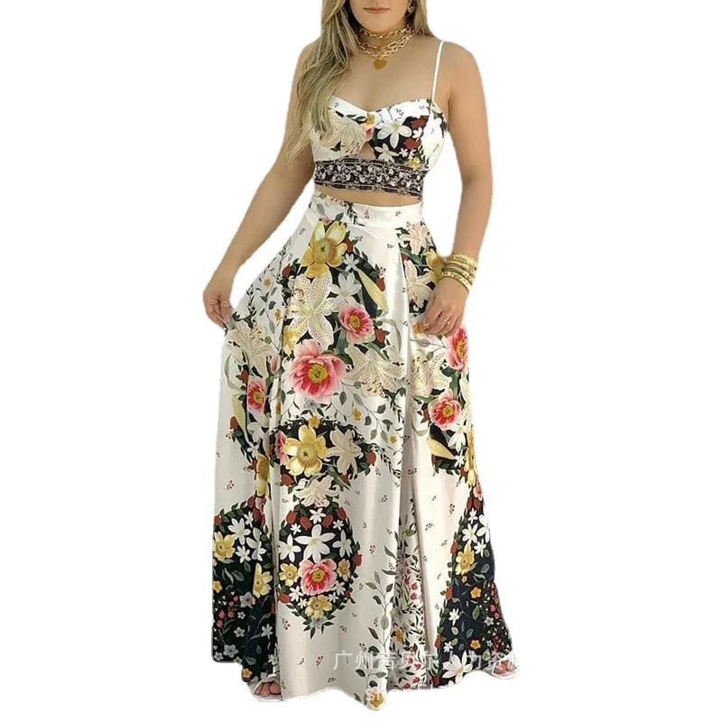 

Women 2pcs Clothes Sets Short Camis Tanks Tops Floral Print Tied Detail Crop Cami Top & Skirt Set Flower A Ling Skirt
