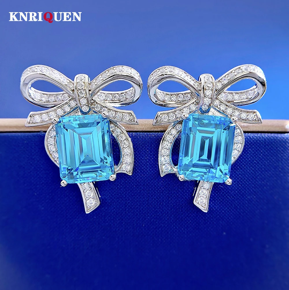 Купи Luxury 100% 925 Real Silver 8*10mm Aquamarine High Carbon Diamond Stud Earrings for Women Wedding Party Fine Jewelry Female Gift за 1,511 рублей в магазине AliExpress