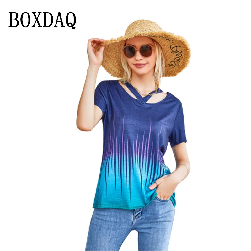 

Рубашки с градиентным принтом Tie Dye на лето 2022, женские блузки с коротким рукавом и v-образным вырезом, модная уличная повседневная свободная ...