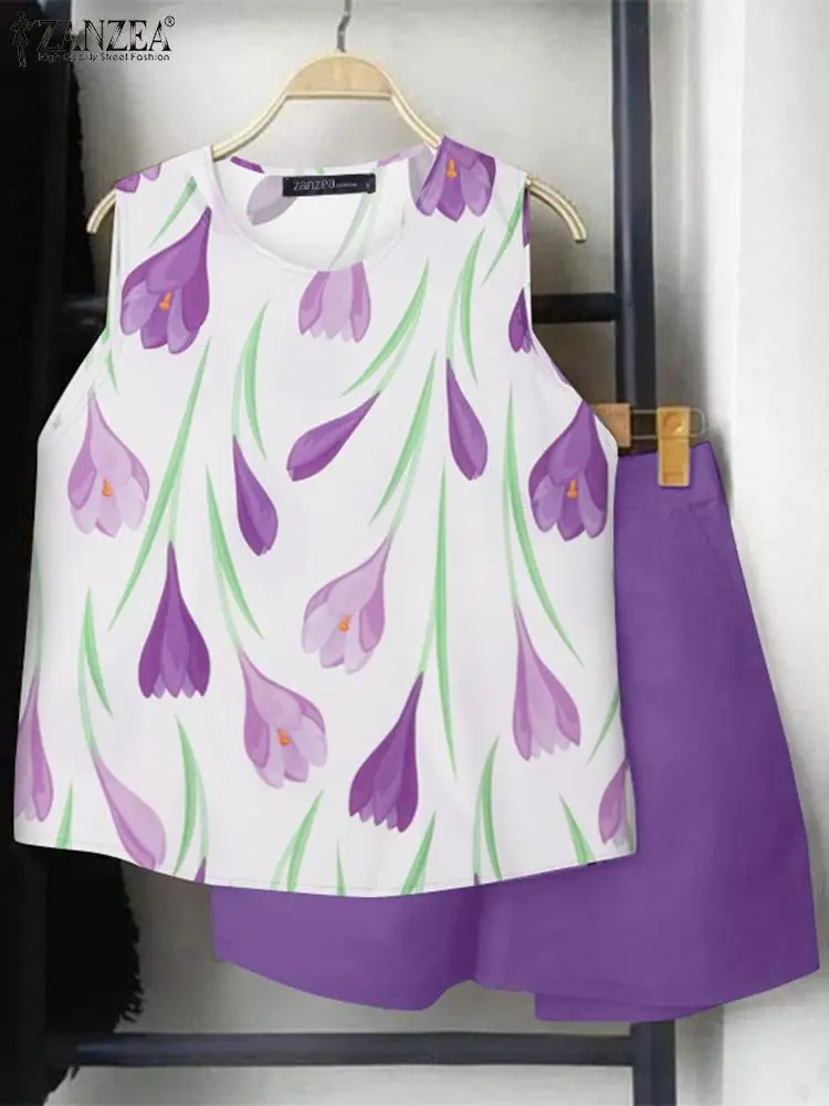 Лето 2024 однотонные шорты ZANZEA комплект из 2 предметов повседневная майка с принтом