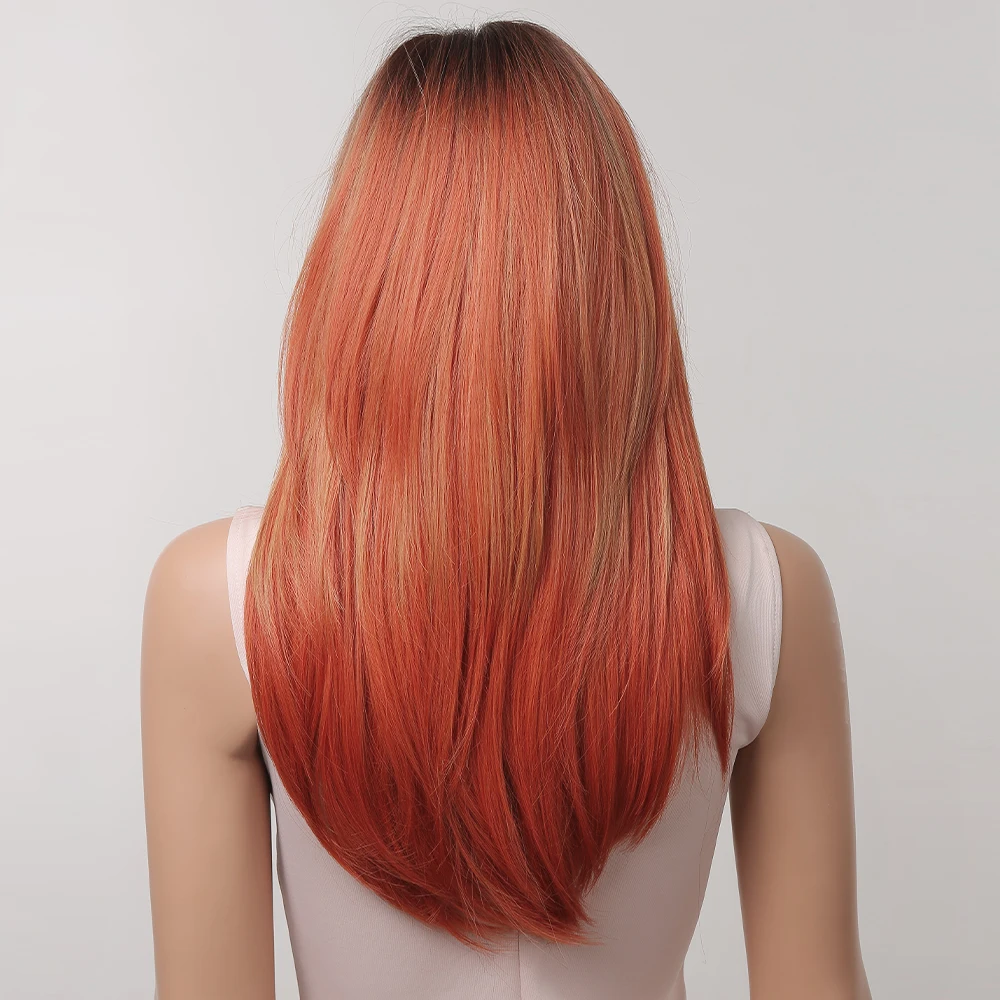Orange Straight Synthetic Wigs Long Highlight Hair Wigs with Bangs for Black Women Cosplay Medium Wig Heat Resistant Daily Use
