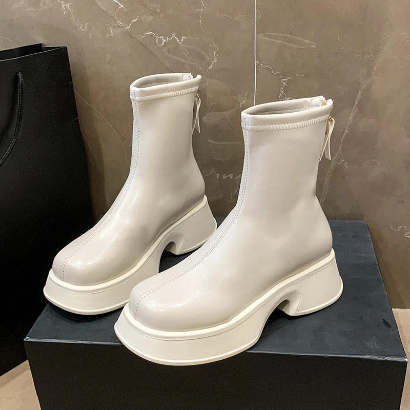 

2022 Autumn Fashion Platform Boots White Chelsea Boots Punk Ankle Boot For Women Soft Round Toe Combat Martin Black Boots Ladies