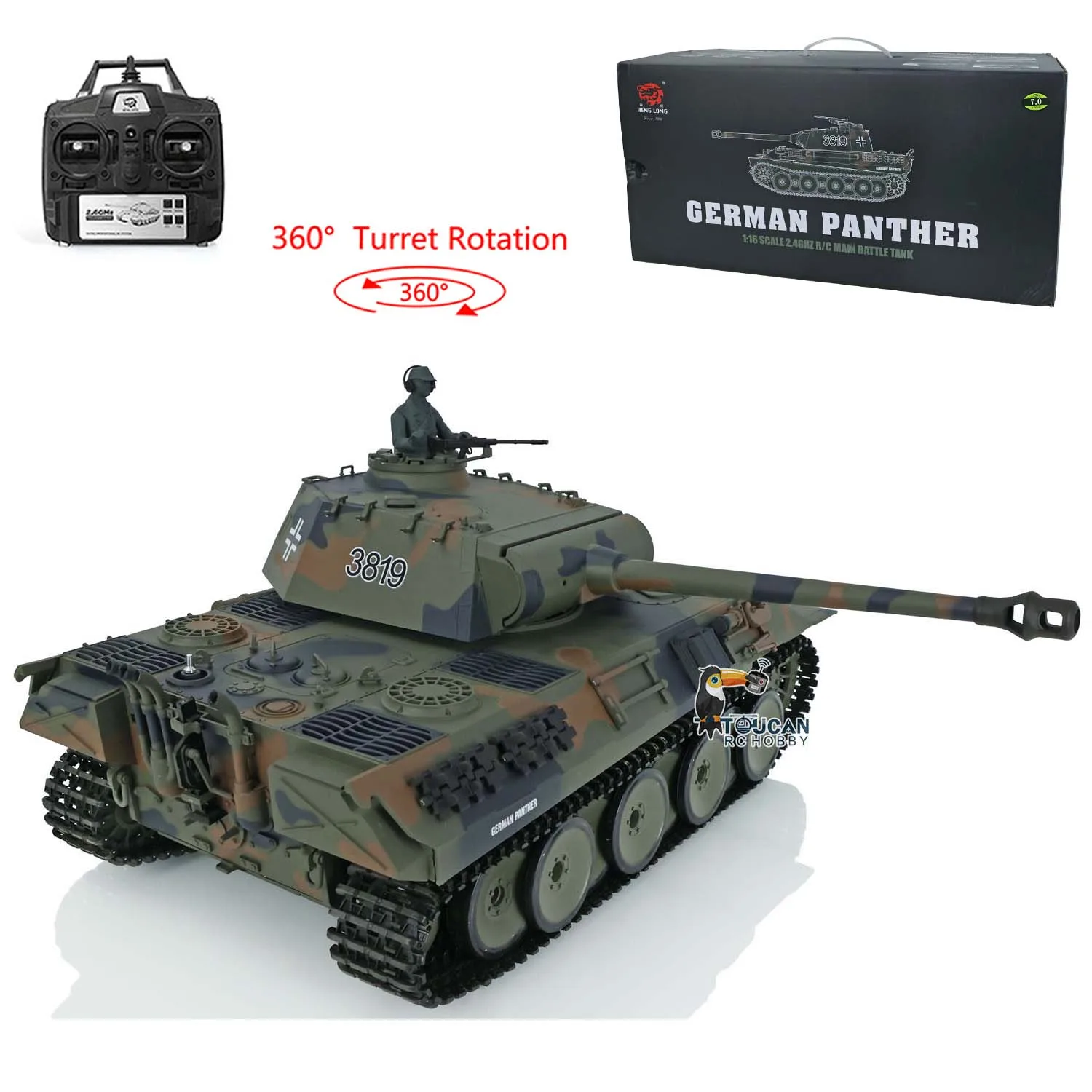 2 4 ГГц HENG LONG 1/16 7.0 пластиковая немецкая пантера V RTR RC Танк 3819 360 ° Вращение