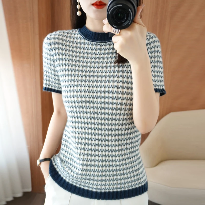 

Spring And Summer New Short Sleeved Women's Half High Neck Slim Wool Cotton Blend Pullover Checked Vest T-shirt Knitted Base...