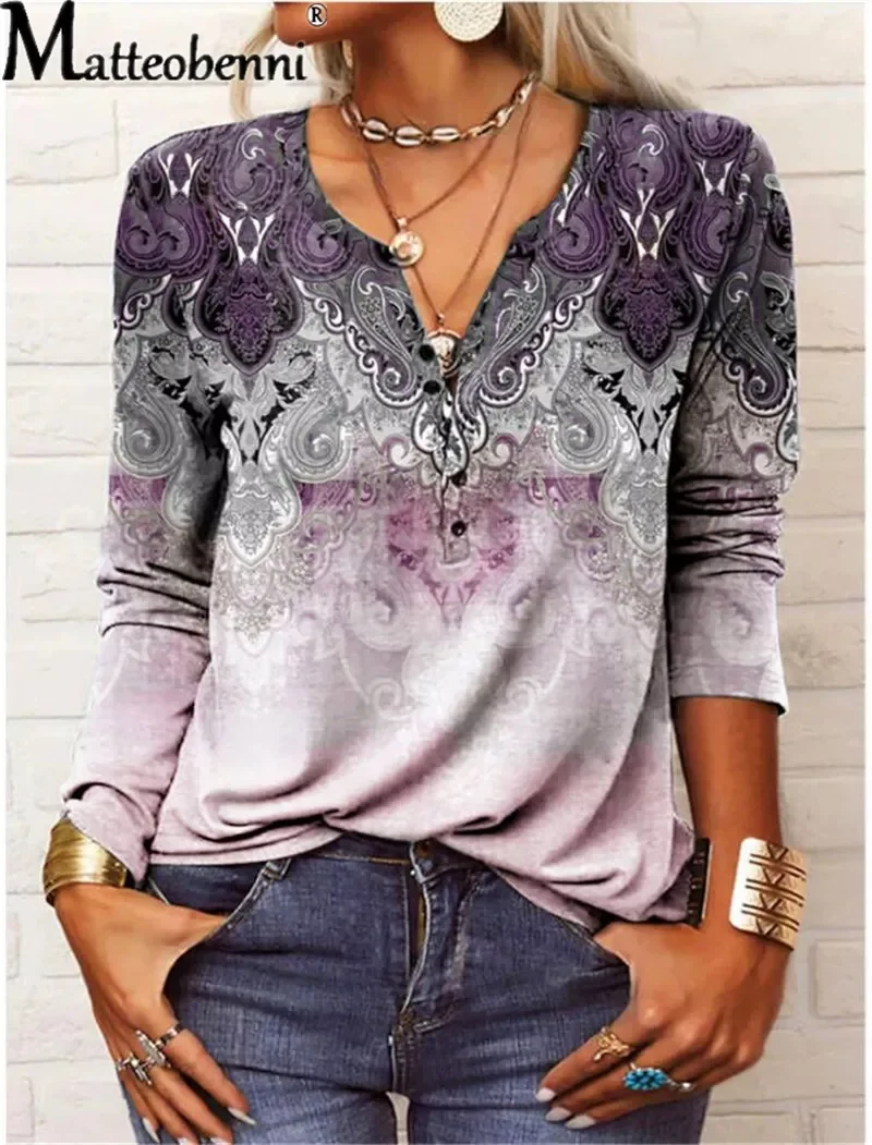 

Vintage 3D Print Loose Tops Autumn Button V Neck Pullover Tees Women Cotton T-Shirts Sweet Ladies Clothes Versatile