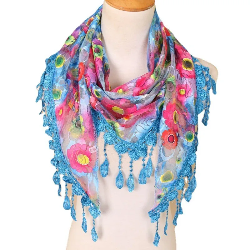 

Korean Hollow Flower Print Sun Protection Colorful Tassels Lace Triangle Scarf Summer Short Beach Towel Women's Sunscreen Shawl