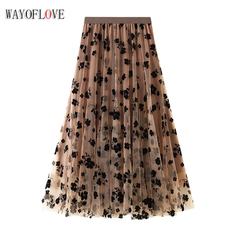 

Женская длинная юбка-трапеция WAYOFLOVE, весенне-летняя юбка с высокой талией и цветами, элегантная повседневная облегающая юбка