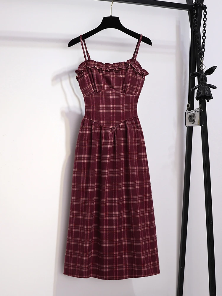 French sle Retro Red Knit cardigan with Plaid Sling Dress Two-Piece Women Autumn and Winter A Complete Set Wear |