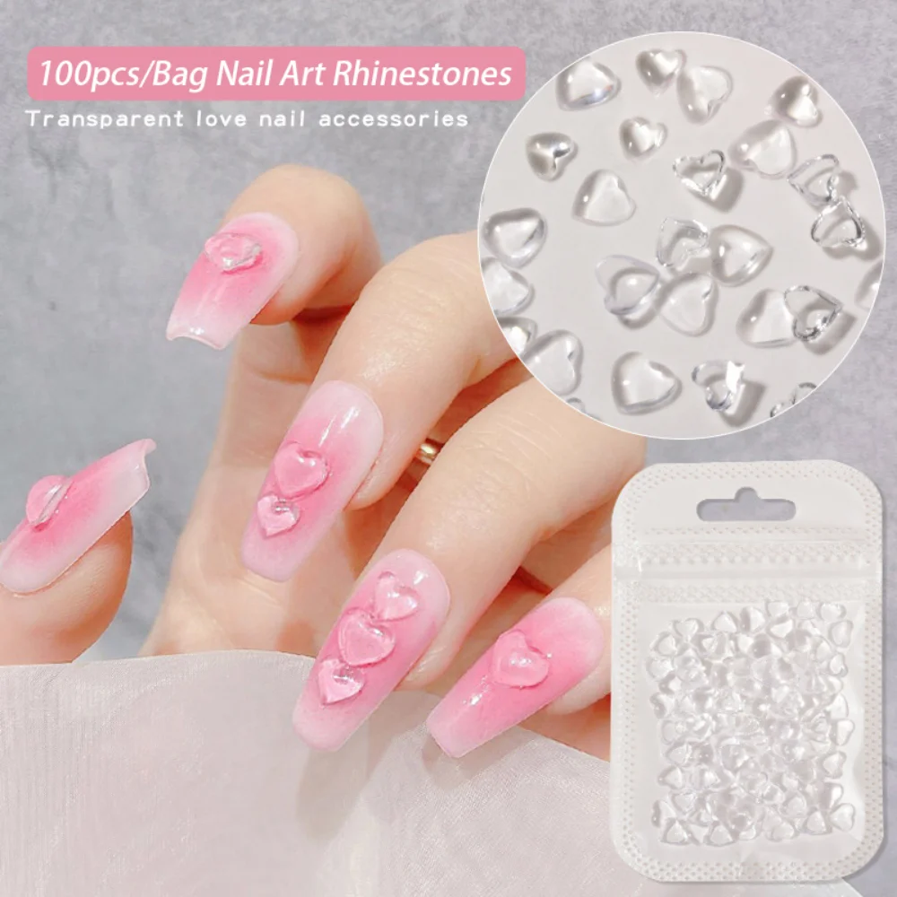 

50/100pcs/Bag Nail Art Charms Clear Flat Bottom Love Ornament Jelly Resin Diamond Stereo Cheek Is Red Crystal Nail Rhinestones