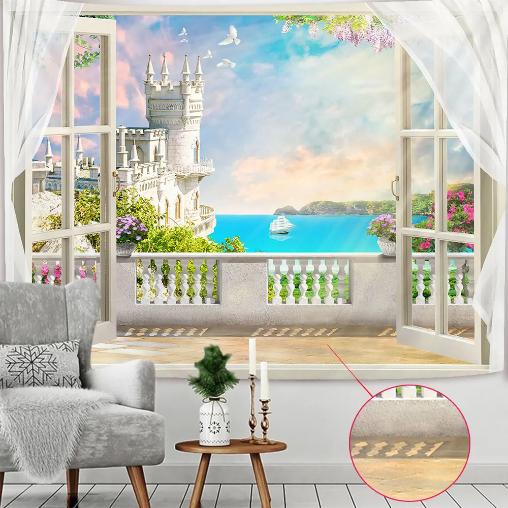 

3D Window Sea Home Decor Wall Fabric Castle Flowers Vines Mandala Tapestry Hippie Wall Art Decor Living Room Backdrop Mural
