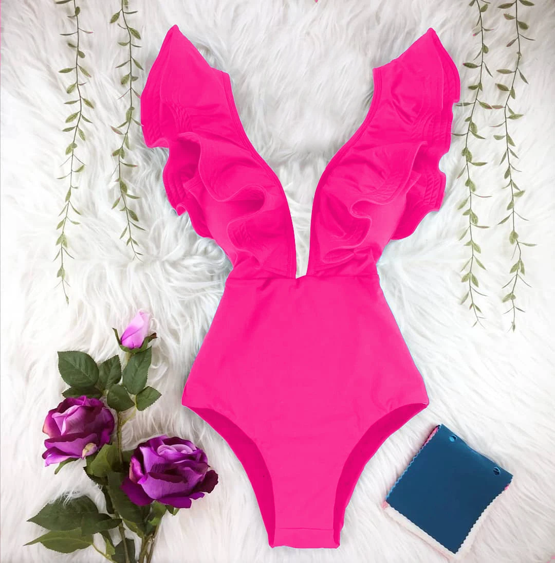

2023 New Sexy Ruffle Rose Red One Piece Swimsuit Off The Shoulder Swimwear Women Solid Deep-V Beachwear Bathing Suit Monkini