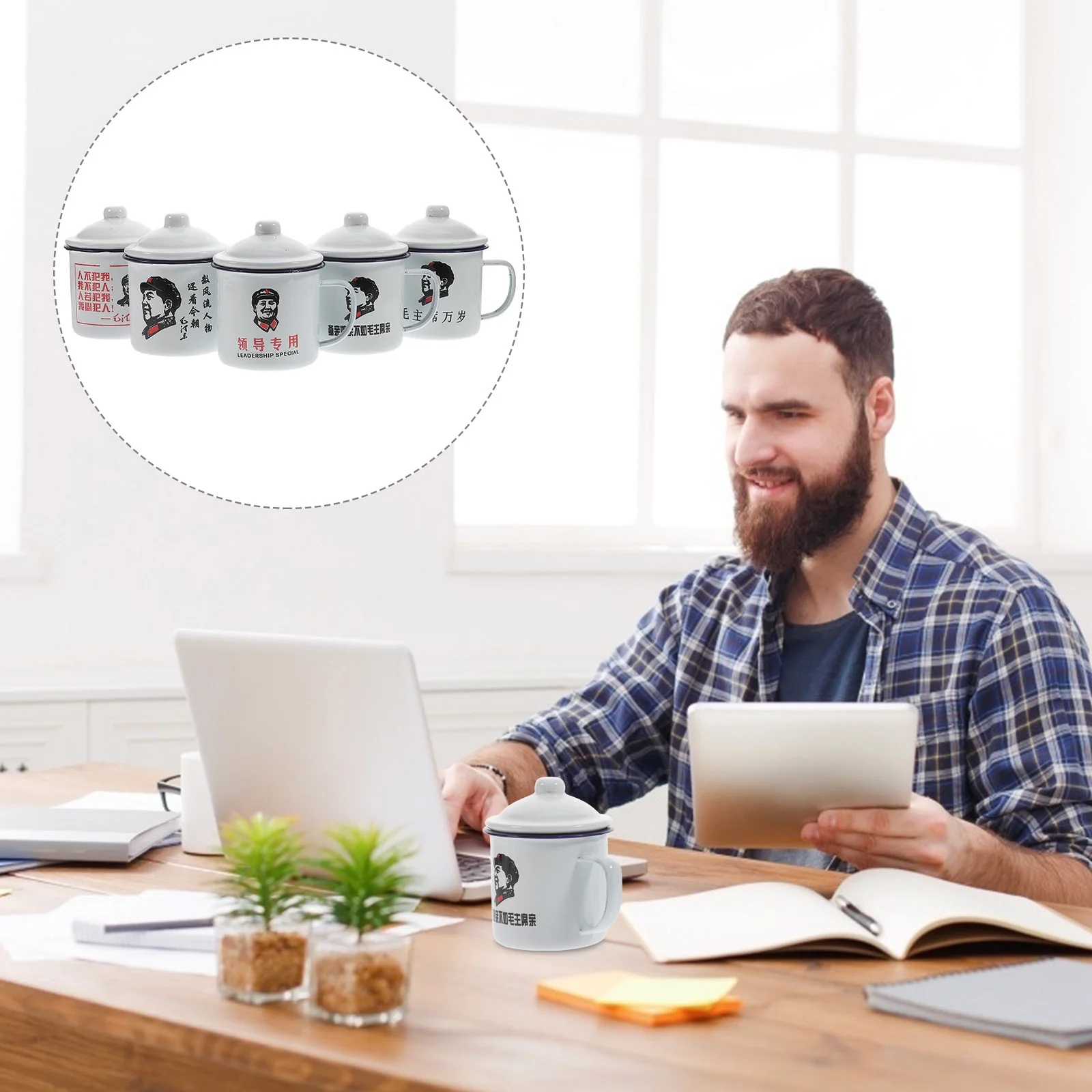 

2 Pcs Coffee Cup Plate Travel Espresso Cup Chinese Enamel Mug Italian Espresso Cups Veteran Cadre Teacup Print Enamel Coffee Mug