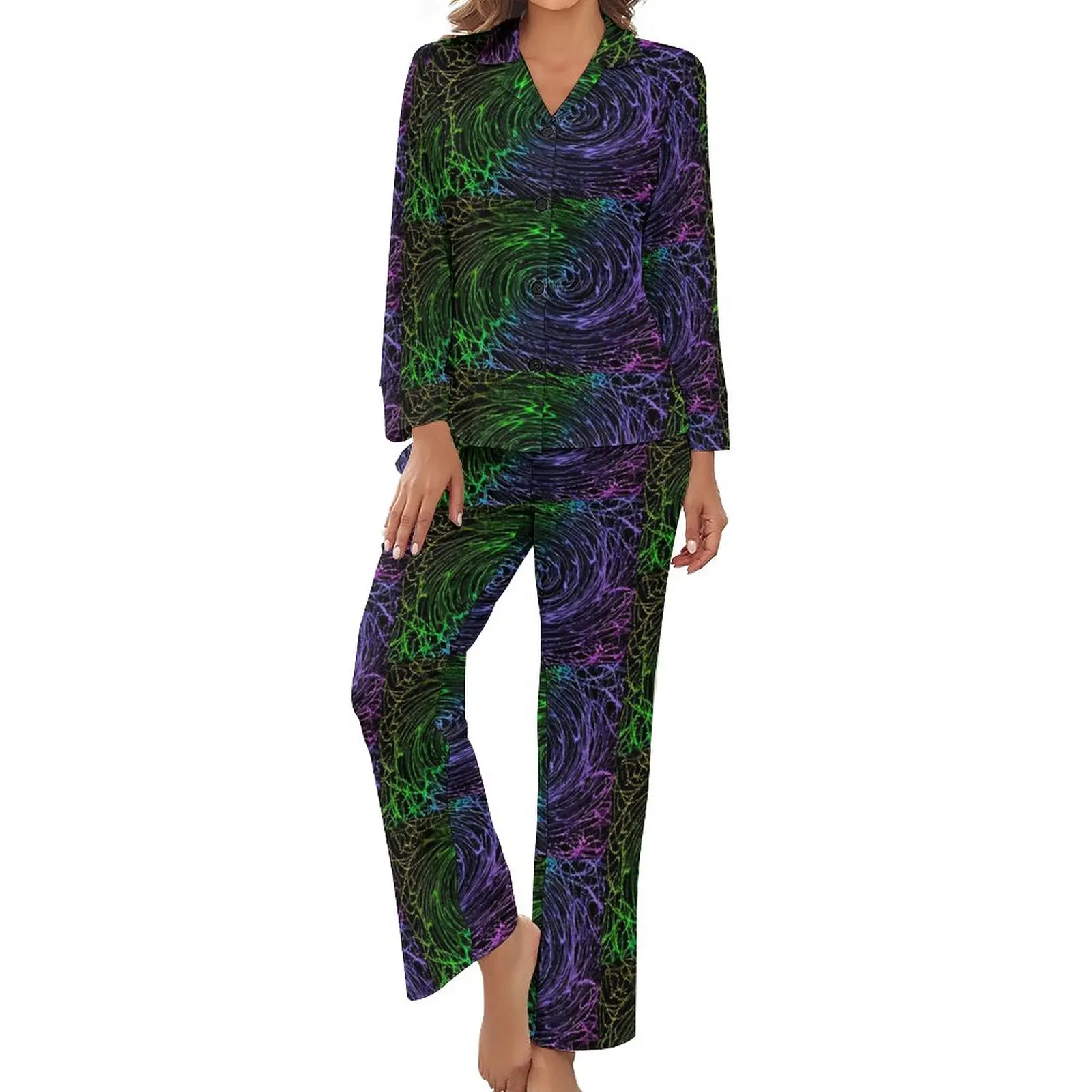 

Shallow Water Pajamas Daily 2 Piece Multi-colored Vortex Kawaii Pajama Sets Female Long Sleeves V Neck Leisure Design Home Suit