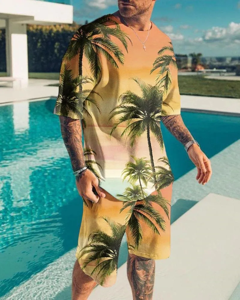 Summer Men T shirt Landscape Series Sleeve Jog Shorts 2 Pieces Set Top Breathable Male Sports Casual Fashion Suit Hot Sale