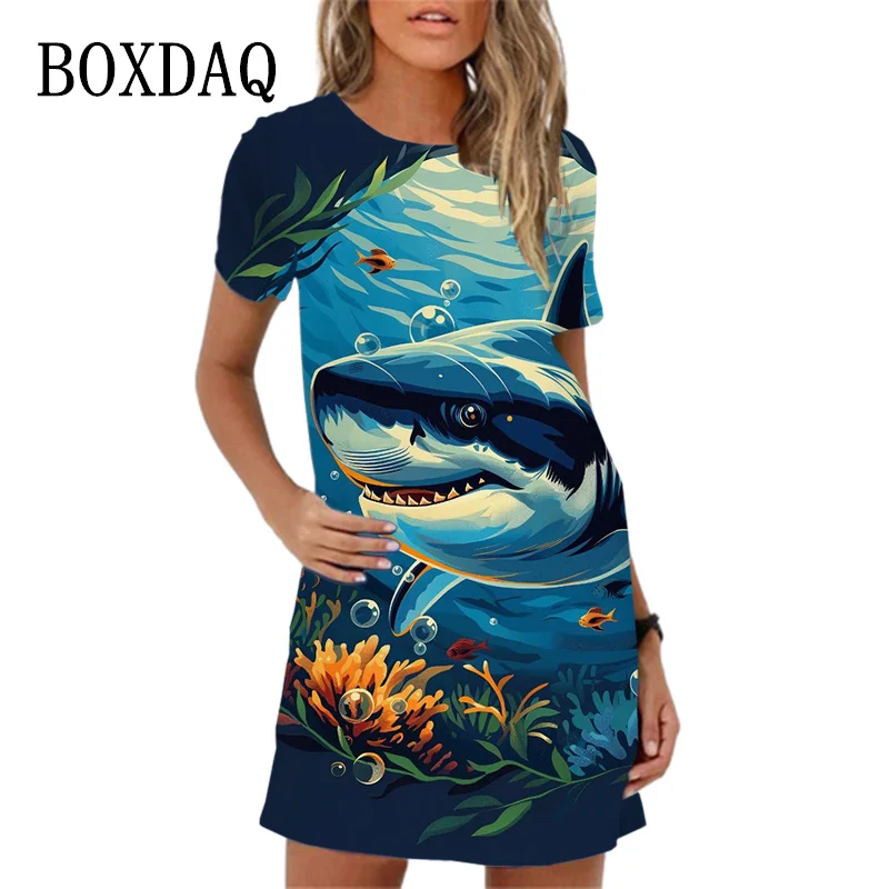 Женское платье с принтом черепашек и акул повседневное забавное Летнее