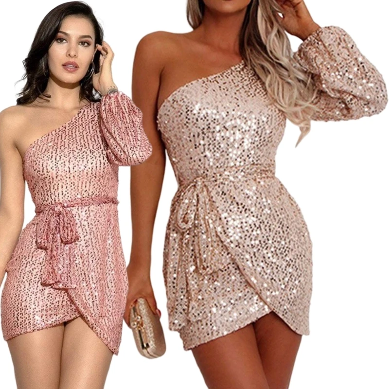 

Женское блестящее Короткое облегающее платье на одно плечо с длинными рукавами и блестками для коктейвечерние, Прямая поставка