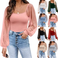2022 spring summer new ladies fashion perspective lantern sleeve splicing slim top women casual office shirts lady