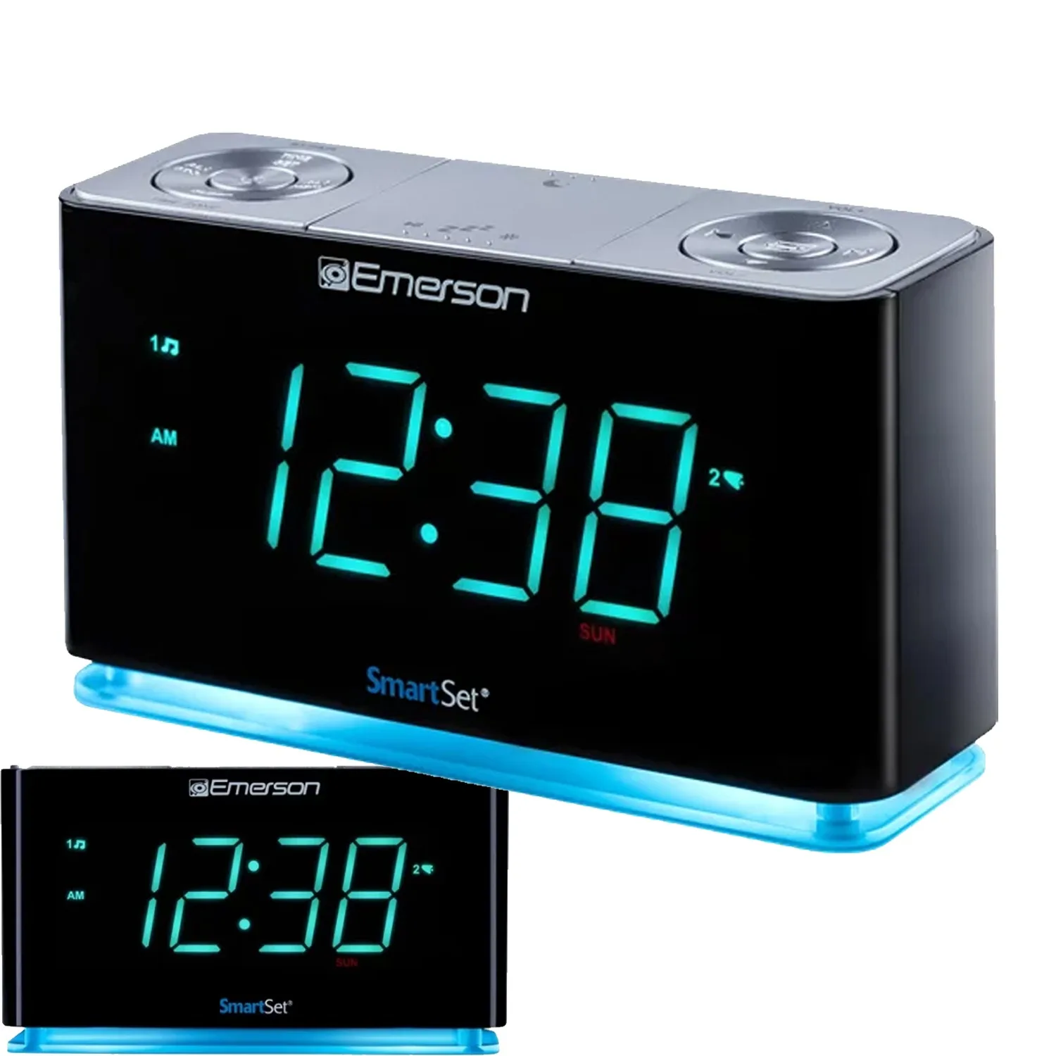 Radio With Bluetooth Speaker, Usb Charger For Iphone And Android, Night Light, And Cyan Led Display