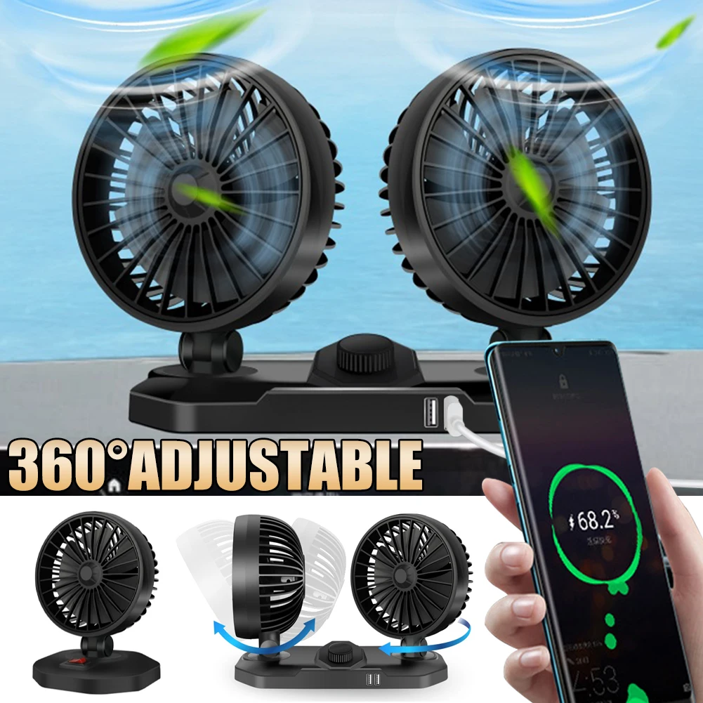 

Universal Car Fan 12V/24V Cooling Fan With Dual USB 3.1A Output Double Head Fan 2 Gear 360 Degree Adjustable For Car Truck SUV