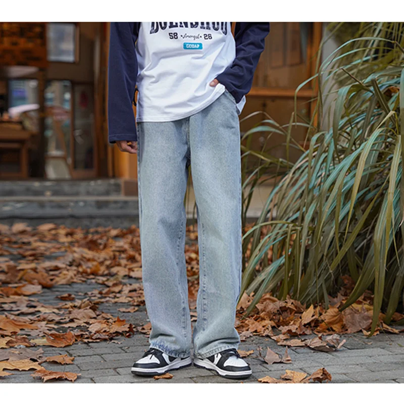 Men Clothing 2022 New Pattern Vintage Recreational Wathet Pants Straight Cylinder Comfortable Versatile Loose Jeans Autumn Women