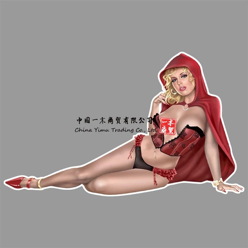 

Огромная грудь Pinup девушка наклейка потрясающий красный капюшон для верховой езды твердые ноги для груди женское сексуальное кружевное белье искушение