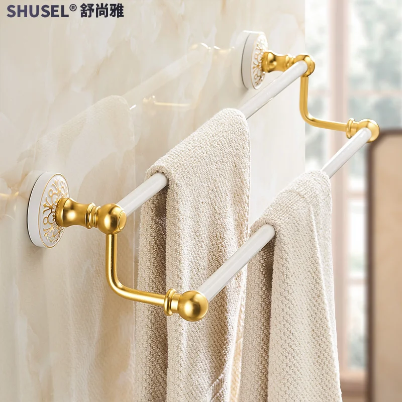 

Gold plus Double Bar Rack Punch-Free Towel Rod Baked White Paint Alumimum European Bathroom Hardware Pendant