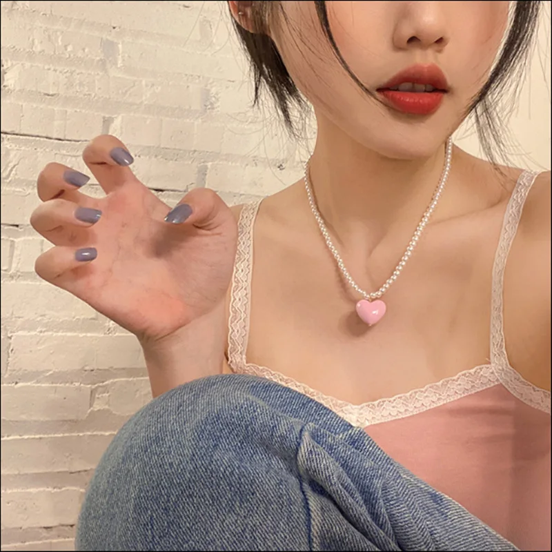 

Pink/Purple Heart Pendant Choker Necklaces For Women Accessories Girl y2k Jewelry On The Neck Necklace Small Beaded Collar Gift