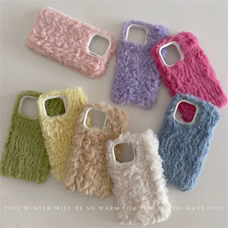 Lns Korean Style Cute Fluffy Fur Phone Case For Iphone 16 14 13 12 11 Pro MAX X XS XR 15 Girl Cover Soft Plush Coat Coque
