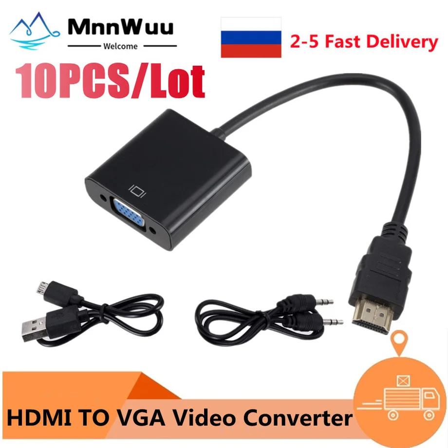 

10 шт., адаптер HDMI-совместимый с VGA, 1080P