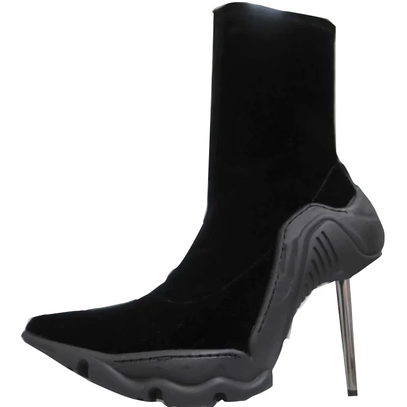 

2022 Autumn Black Strange Style Metallic Thin Heel Boots Shoes Women Mid-calf Zipper Pointed Toe Booties Fashion Female ROME