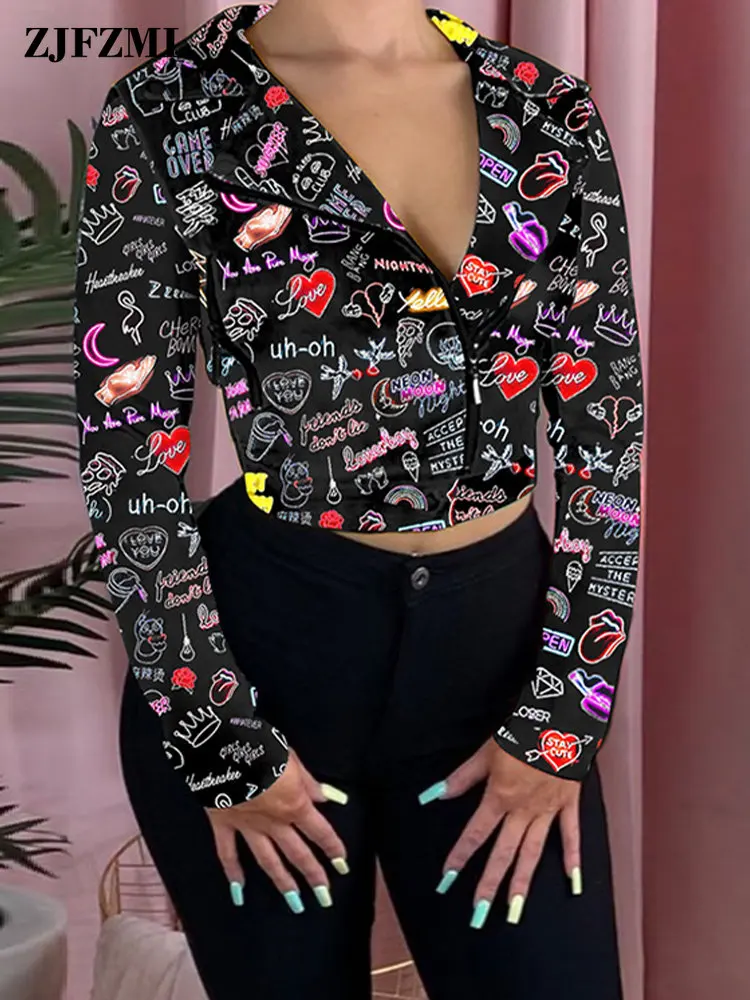 

Женская укороченная куртка в стиле хип-хоп с принтом граффити, короткая куртка в стиле Харадзюку с отложным воротником и длинным рукавом, ул...