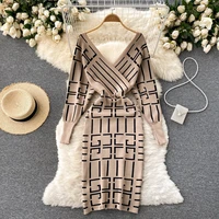 womens knitted dress fashion temperament v neck long sleeved dress 2021 new slim fit bag hip knitted dress women